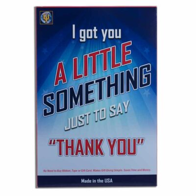 A blue and white poster with the words " i got you a little something " written in front of it.